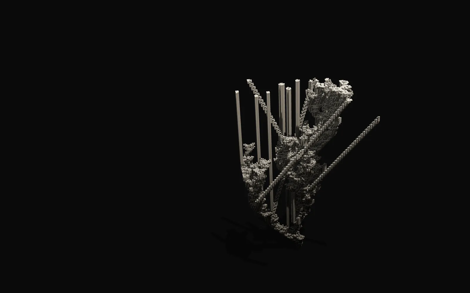 The R-pentomino’s first 260 generations stacked into a sculpture of ivory towers.